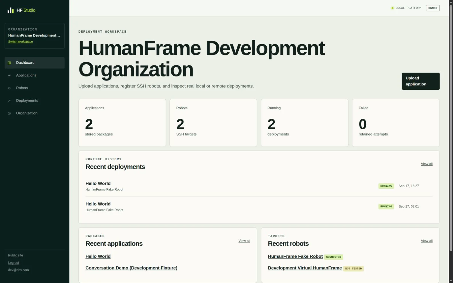 HumanFrame Platform dashboard with application, robot and deployment summaries